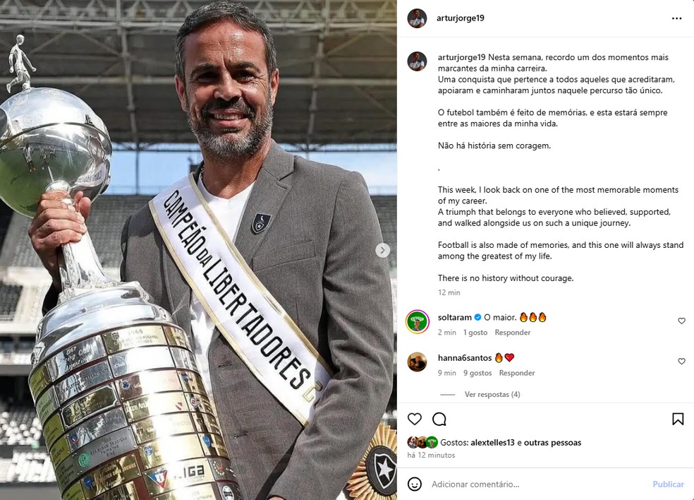 Postagem de Artur Jorge relembrando o título da Libertadores — Foto: Reprodução