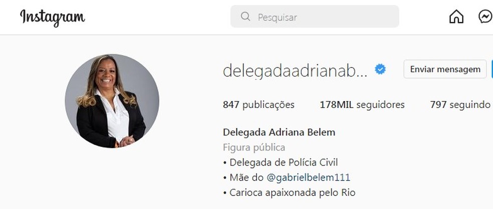 O perfil da delegada Adriana Belém no Instagram — Foto: Reprodução