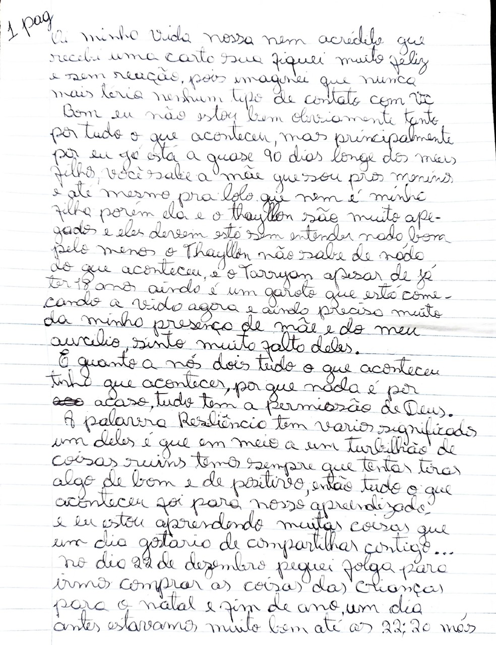 Trecho da carta de Daiane para Gilberto — Foto: Reprodução