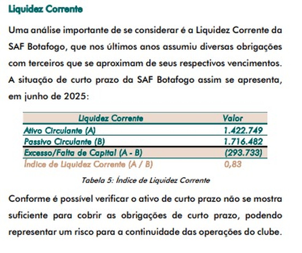Empresa contratada pela SAF para fazer análise financeira informou que o Botafogo poderia não ter recursos suficientes para cobrir gastos a curto prazo — Foto: Reprodução