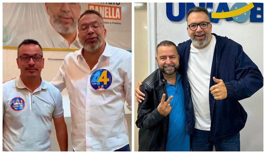 Os ex-vereadores Eduardo Araújo e Fabinho Varandão, de Belford Roxo, ao lado do prefeito Márcio Canella