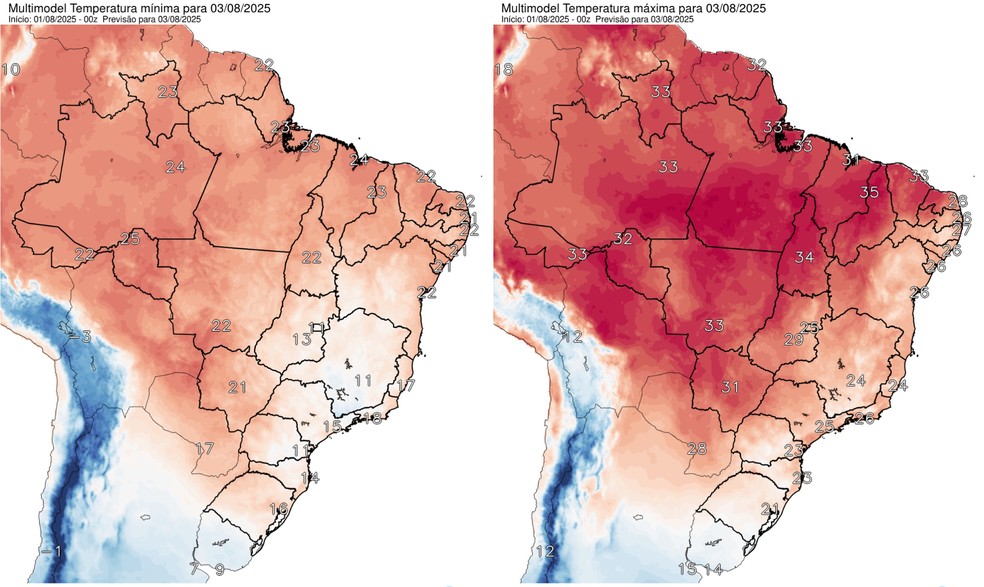 Temperaturas mínima (à esquerda) e máxima (à direita) previstas para as capitais do país neste domingo — Foto: Reprodução