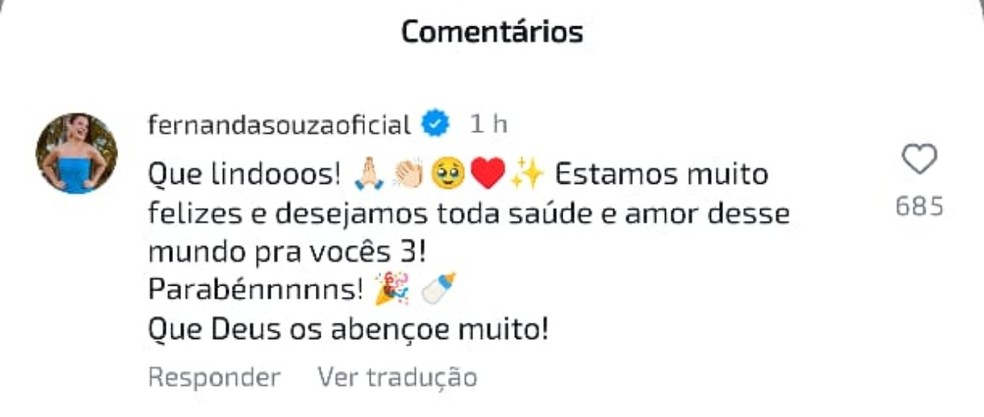 Fernanda Souza parabenizou Carol Peixinho e Thiaguinho por gravidez do primeiro filho — Foto: Reprodução Instagram