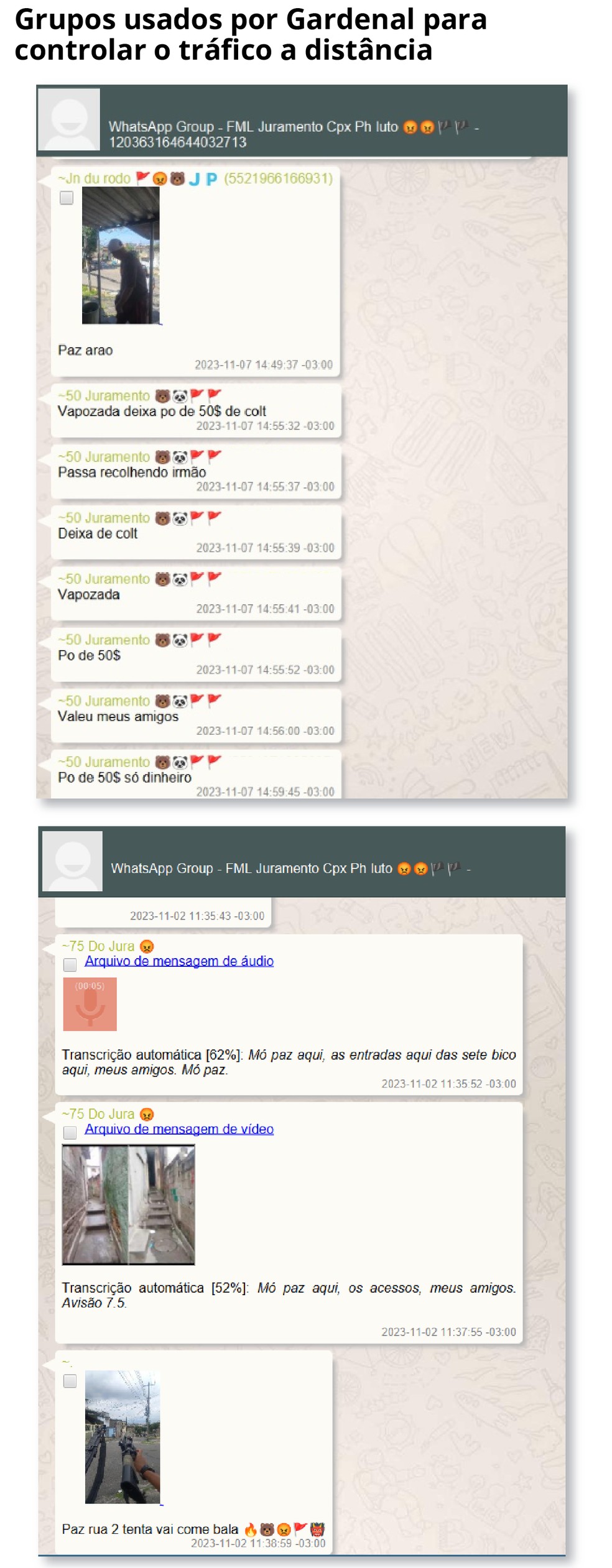 Conversa extraída do celular do traficante Gardenal, um dos chefes do Comando Vermelho, que está foragido — Foto: Editoria de Arte