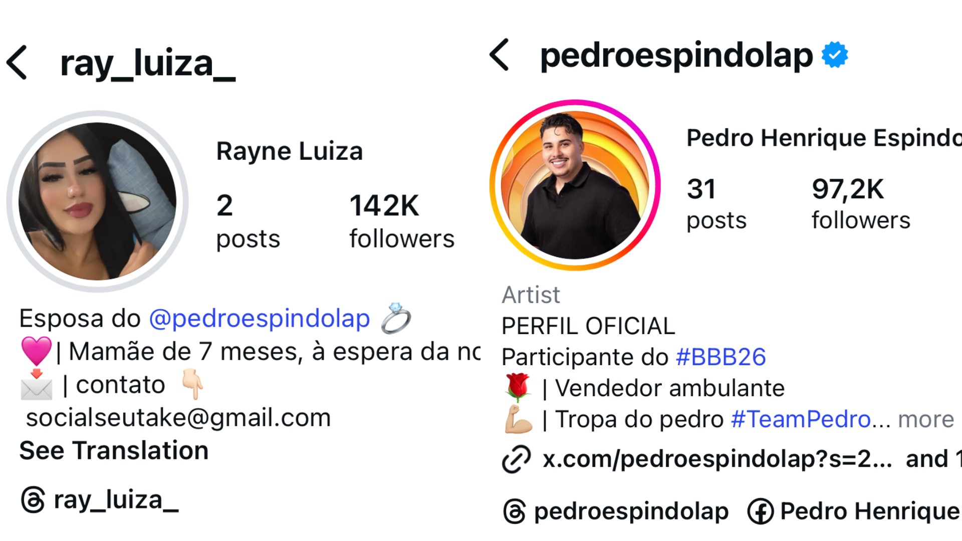 BBB 26: esposa de Pedro já conta com mais seguidores que o próprio ...