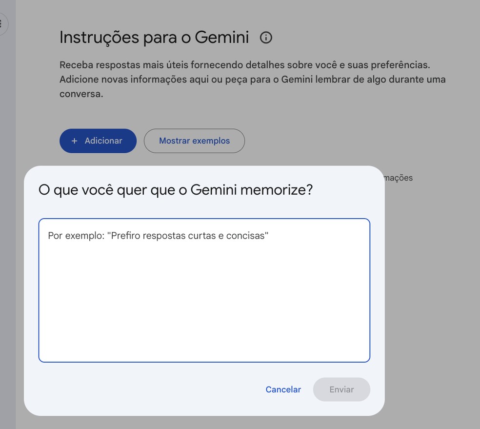 Aba do Gemini para configurar'personalidade' da IA — Foto: Reprodução/Gemini