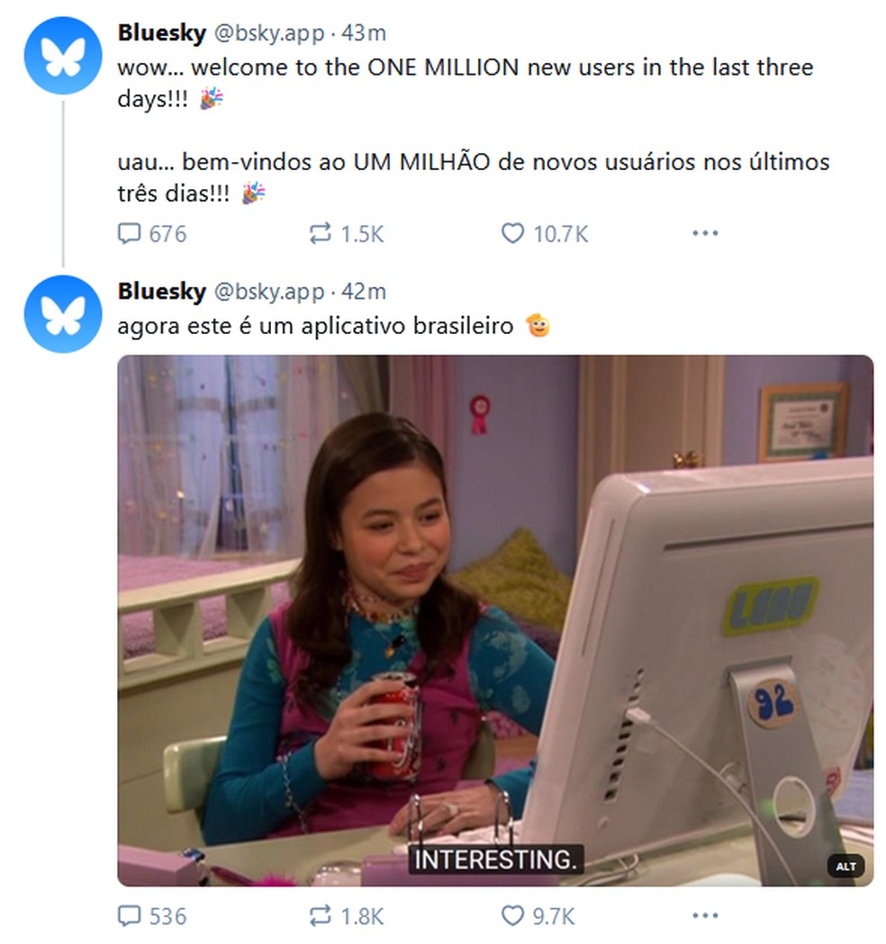 Bluesky registra um milh&atilde;o de novos usu&aacute;rios nos &uacute;ltimos tr&ecirc;s dias e brinca: 'agora este &eacute; um aplicativo brasileiro'. &mdash; Foto: Reprodu&ccedil;&atilde;o