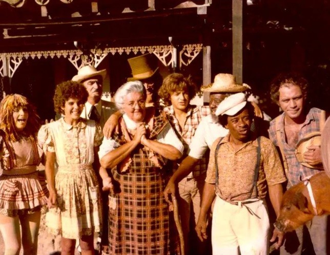 Emília (Dirce Migliaccio), Narizinho (Rosana Garcia), Dona Benta (Zilka Salaberry), Visconde de Sabugosa (André Valli), Pedrinho (Júlio César), Tio Barnabé (Samuel dos Santos), Garnizé (Canarinho), Zé Carneiro (Tonico Pereira) em “O sítio do picapau amarelo” — Foto: Divulgação
