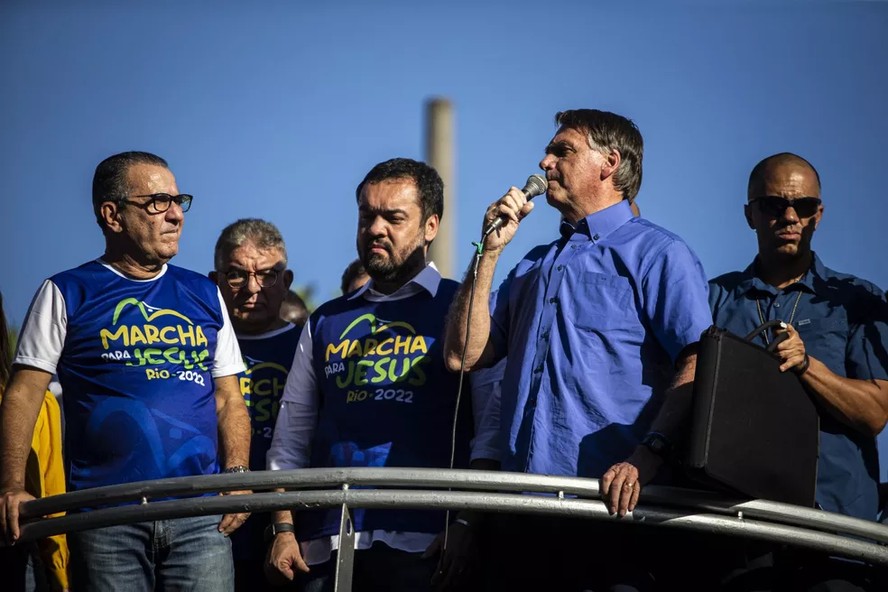 Silas Malafaia, Cláudio Castro e Jair Bolsonaro na Marcha para Jesus