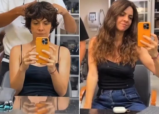 Renata Gaspar alongou e clareou os cabelos para viver Mara, que tem um marido agressivo e acaba vivendo um romance com outra mulher — Foto: Reprodução/Instagram
