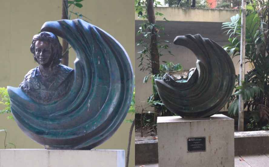 Dois momentos: a estátua em sua forma original (à esquerda) e o que restou da obra (à direita)