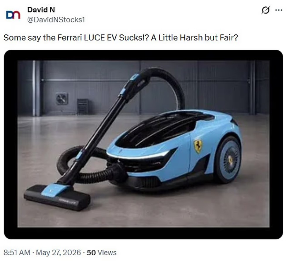 Meme compara primeiro carro elétrico da Ferrari com aspirador de pó — Foto: Reprodução: X