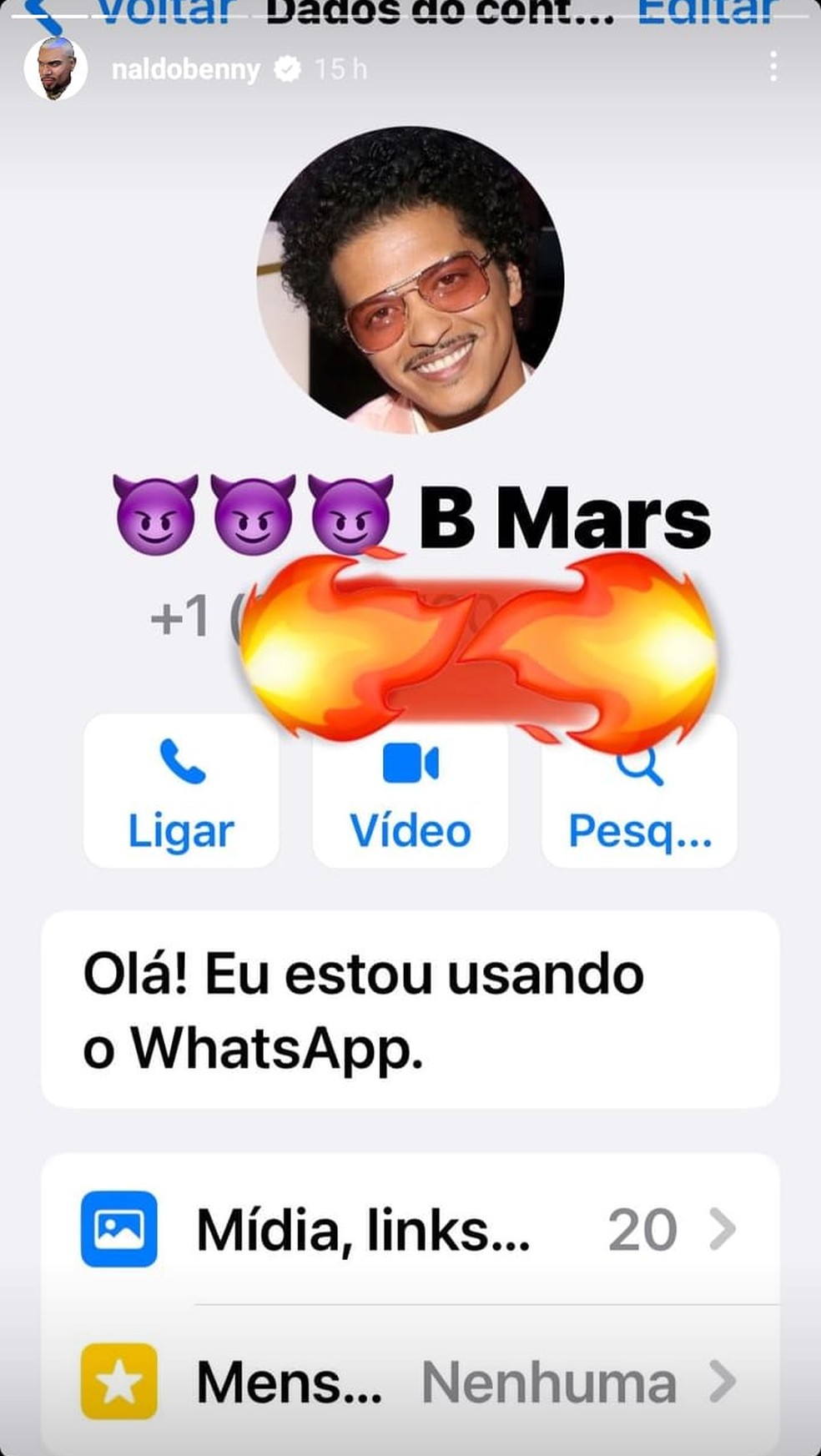 Naldo Benny usa redes sociais para mostrar que tem suposto contato telefônico de Bruno Mars — Foto: Reprodução/Instagram