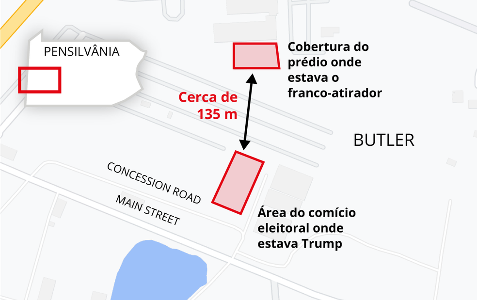 Mapa do local onde estava Thomas Matthew Crooks, franco-atirador que atirou contra Donald Trump — Foto: Editoria de Arte