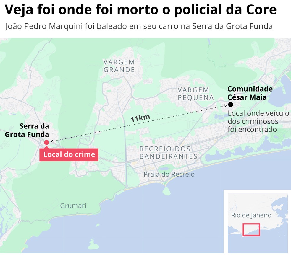 Local onde o policial civil João Pedro Marquini foi baleado e morto no RJ — Foto: Editoria de Arte