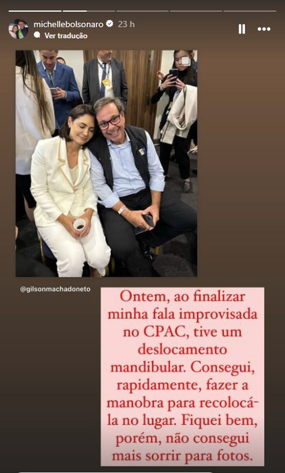 Em post no Instagram, Michelle Bolsonaro diz que sofreu deslocamento mandibular durante o primeiro dia da CPAC — Foto: Reprodução