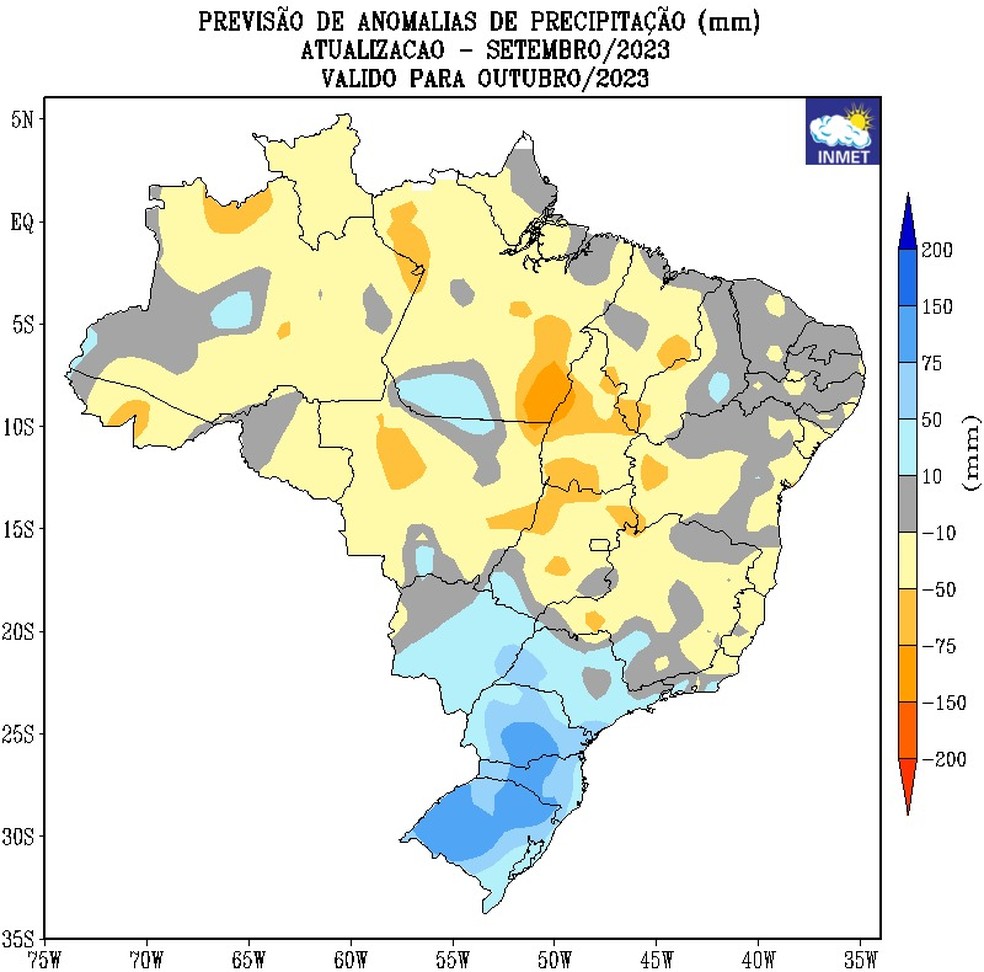 Mapa mostra locais que terão chuvas acima da média (azul) e abaixo (amarelo) — Foto: Divulgação Inmet