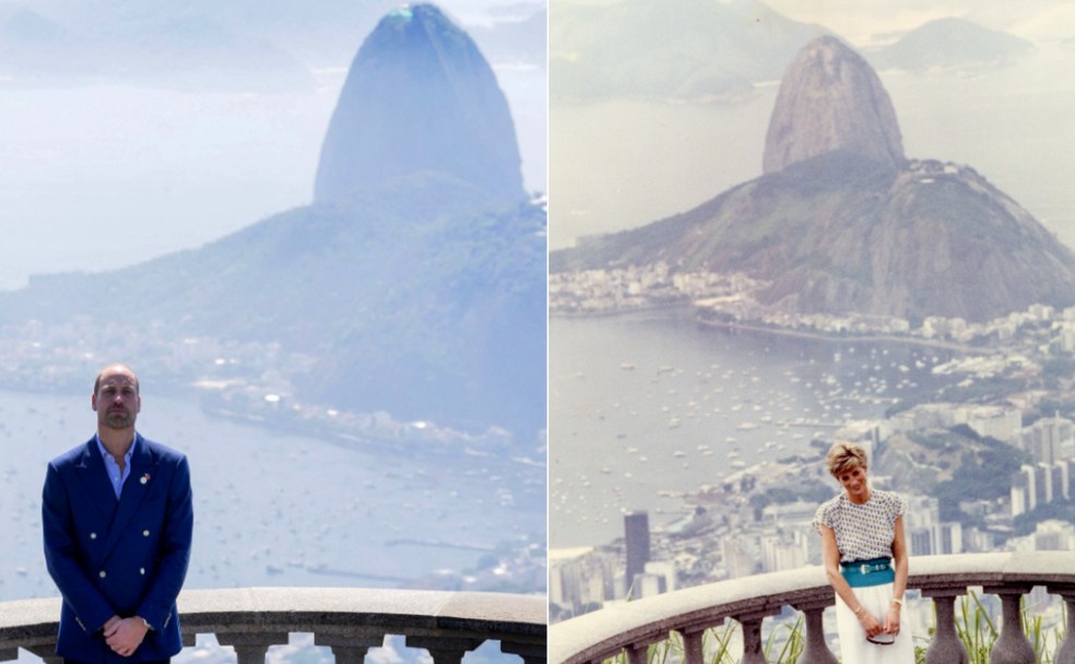 O príncipe William relembrando foto de 1991 da princesa Diana no Cristo Redentor — Foto: Eduardo Anizelli/AFP e Guilherme Bastos/Agência O GLOBO
