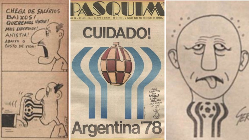 Ao centro, a Capa do Pasquim com referência à Copa do Mundo de 1978; A edição também trouxe charges zombando da competição — Foto: Reprodução/Acervo da Biblioteca Nacional