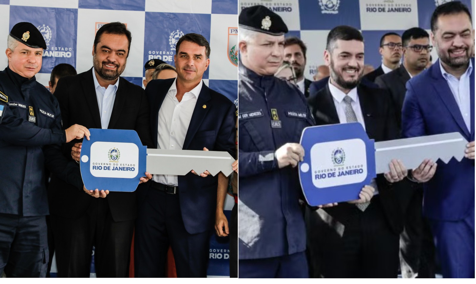 Colonel Menezes alongside Castro and Flavio Bolsonaro; In the second photo, the colonel appears alongside Rodrigo Basilar and Castro - Photo: Reproduction