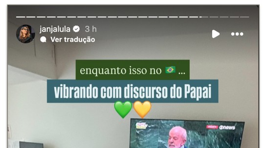 Janja mostra pets assistindo fala de Lula na ONU: 'Vibrando com o discurso do papai'