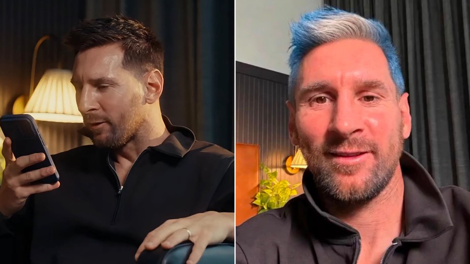 Imagem de Messi com cabelo azul e óculos, ao lado de um logo do ChatGPT, representando a integração da IA na cultura da Copa.