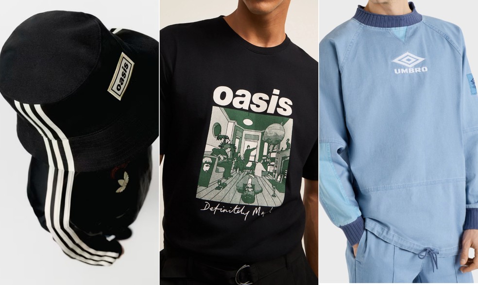 Bom, Bonito e Britânico: Marcas lançam peças inspiradas em Oasis para celebrar o'Britpop Summer" — Foto: Reprodução / Adidas (esquerda), Renner (centro), Umbro (direita)