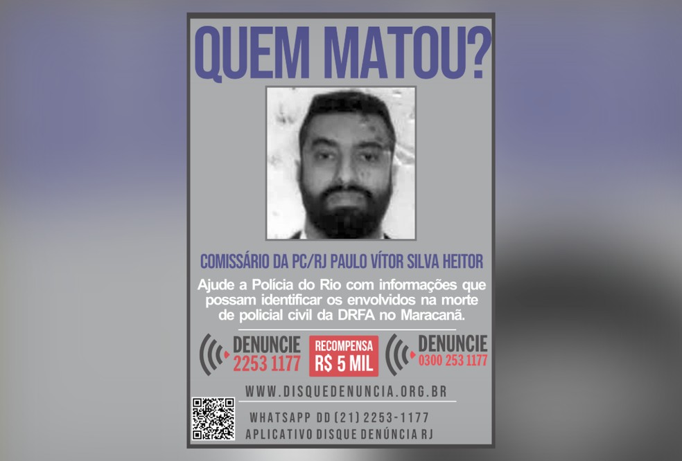 O cartaz que pede pistas dos suspeitos da morte do policial civil Paulo Vítor — Foto: Disque Denúncia/Divulgação