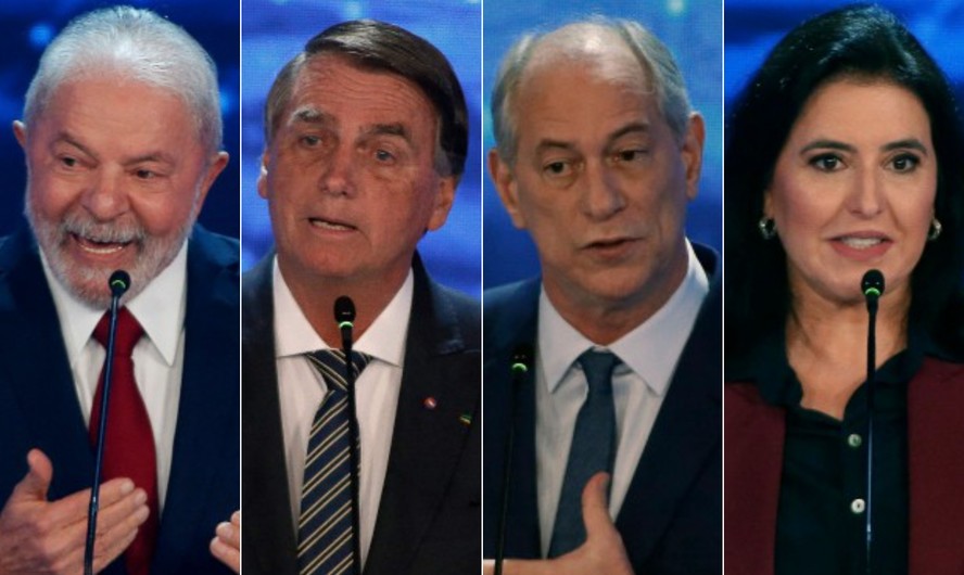 Os candidatos à Presidência Luiz Inácio Lula da Silva (PT), Jair Bolsonaro (PL), Ciro Gomes (PDT) e Simone Tebet (MDB)