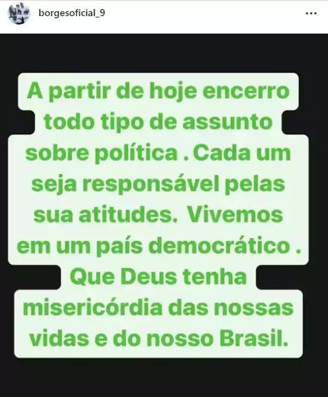 Borges publicou mensagem afirmando que não falari mais sobre política e pedindo misericórdia a Deus para o Brasil — Foto: Reprodução/Instagram