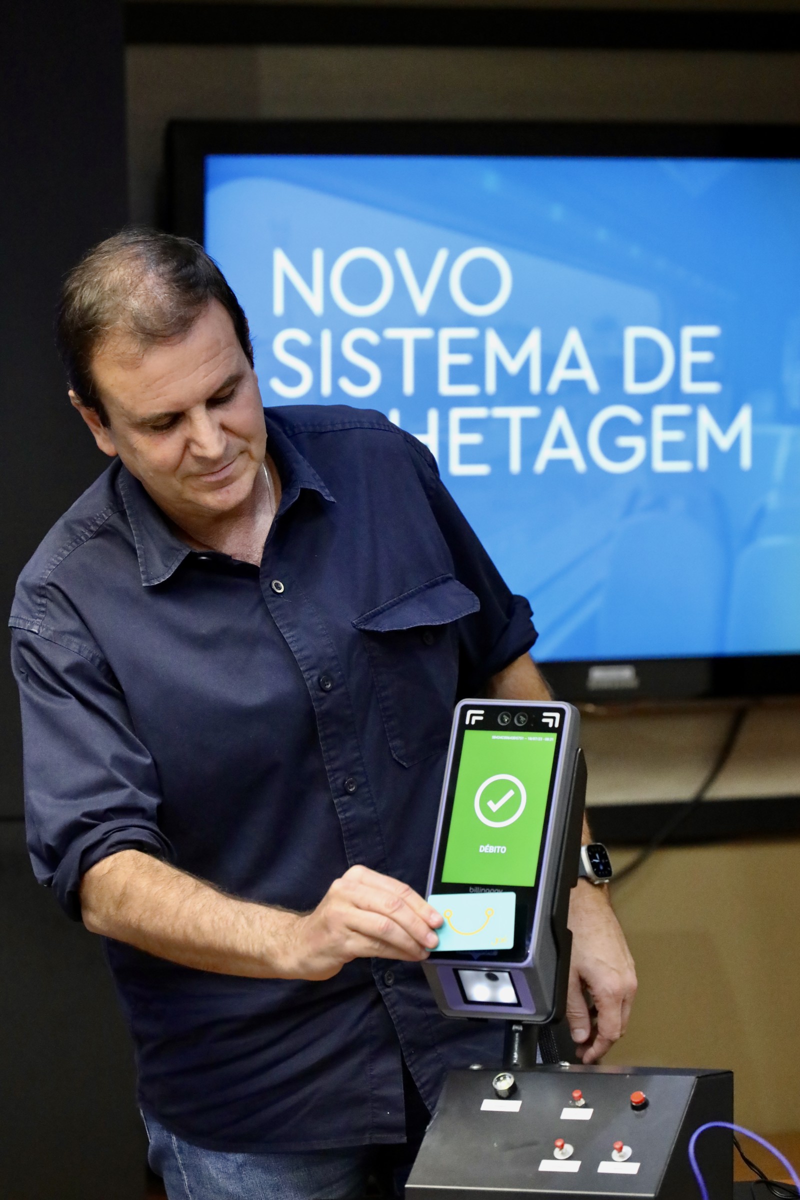 O evento que ocorreu no Centro de Operações Rio (COR) lançou a nova bilhetagem digital dos modais de transporte da cidade do Rio.  — Foto: Beth Santos/Prefeitura