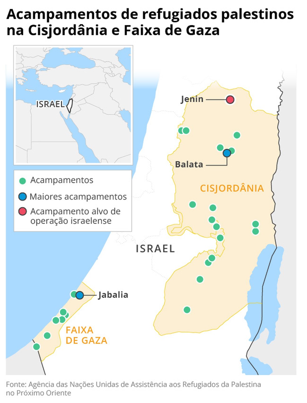 Acampamentos de refugiados palestinos na Cisjordânia e na Faixa de Gaza. — Foto: Arte/O Globo