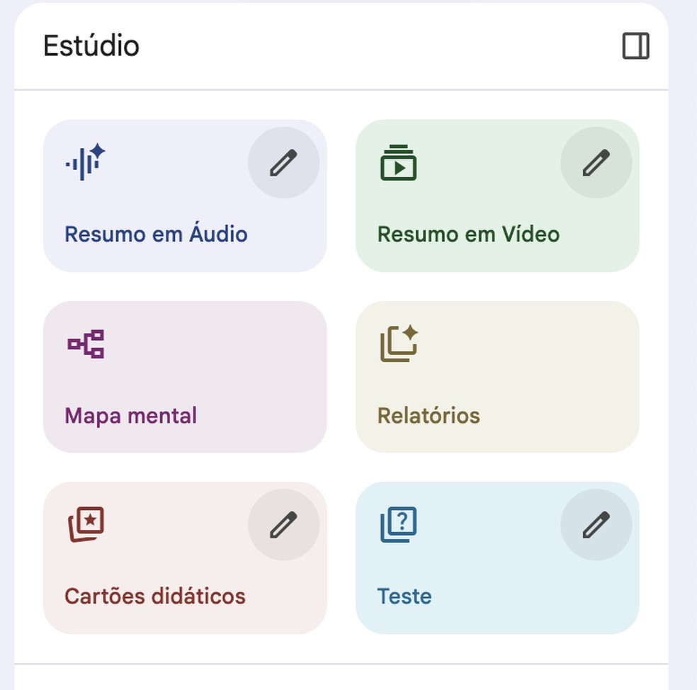 Opções de ferramentas disponíveis no NotebookLM, do Google — Foto: Reprodução/NoteBookLM