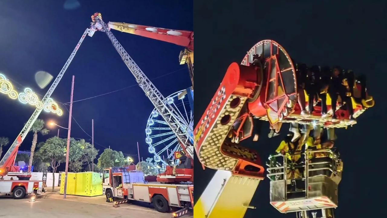 Sete pessoas ficam quatro horas presas a 30 metros de altura após brinquedo parar na Espanha - Foto