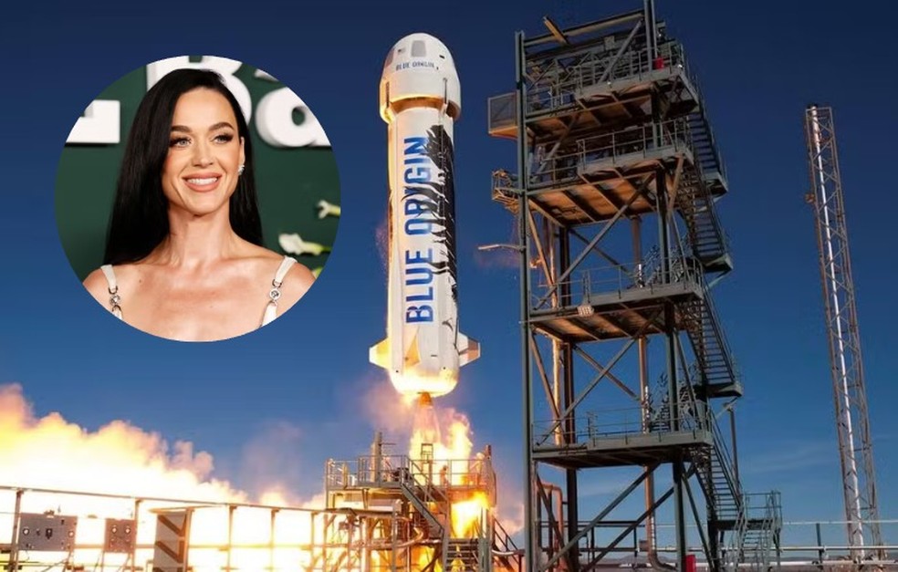 Katy Perry e foguete New Shepard — Foto: Divulgação/AFP