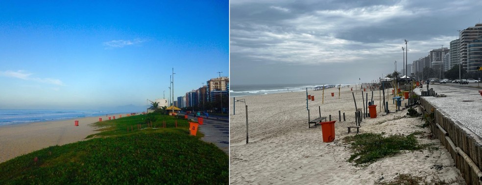 Área de dunas e restingas entre os postos 6 e 7 nos anos de 2016 (à esquerda) e 2025 — Foto: Arquivo pessoal/ Izabela Afonso e Rafaella Sade Milckzewsky