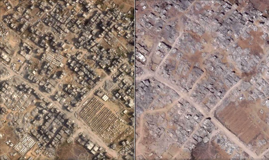 Fotos de satélite mostram Zeitoun, um bairro da Cidade de Gaza, em 8 de agosto de 2025, à esquerda, e 25 de agosto de 2025, à direita