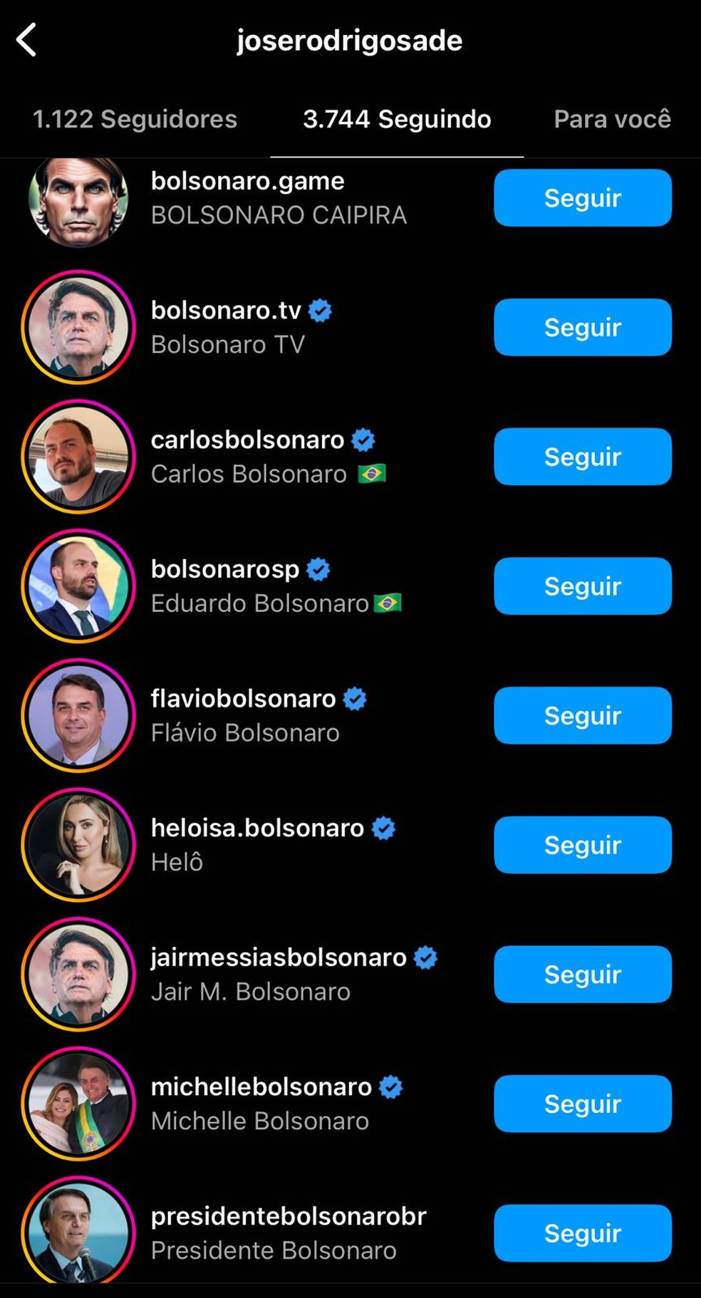 Os perfis na órbita de Bolsonaro seguidos por Sade — Foto: Reprodução