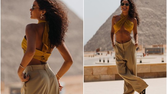 Bella Campos abre álbum no Egito e mostra look terroso