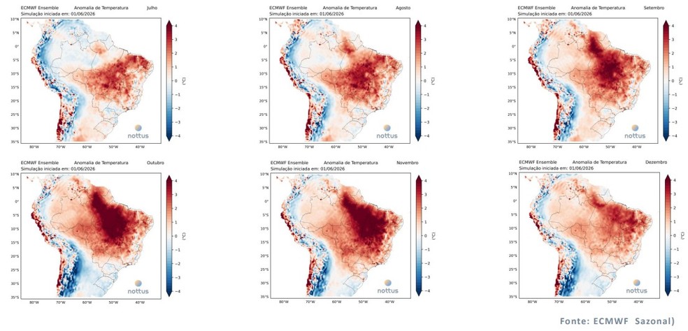 Anomalia de Temperatura: mais calor do que o normal na maior parte do país — Foto: Reprodução/Nottus