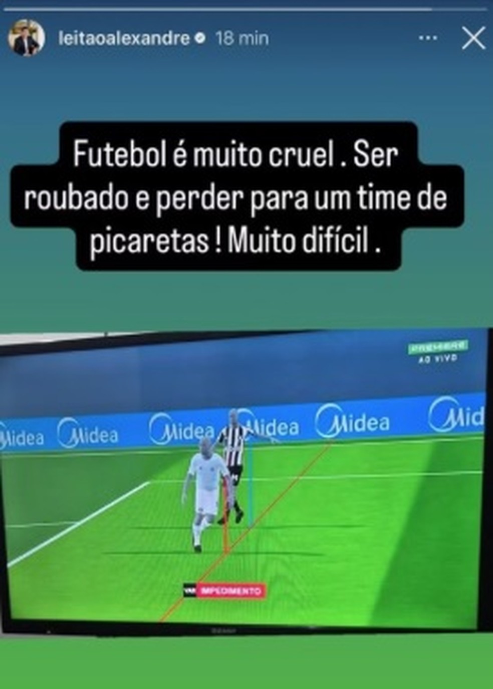Publicação de Alexandre Leitão após derrota para o Botafogo — Foto: Reprodução