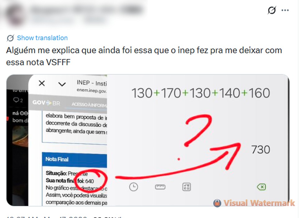 Estudante contestou soma do INEP — Foto: Reprodução das redes sociais