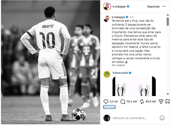 Mbappé se pronuncia após eliminação do Real Madrid na Champions e promete: 'vamos começar a vencer novamente e muito em breve'
