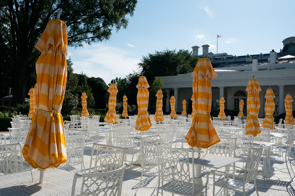 Pátio do Rose Garden, pavimentado por Donald Trump, na Casa Branca, em Washington — Foto: Elizabeth Frantz/New York Times
