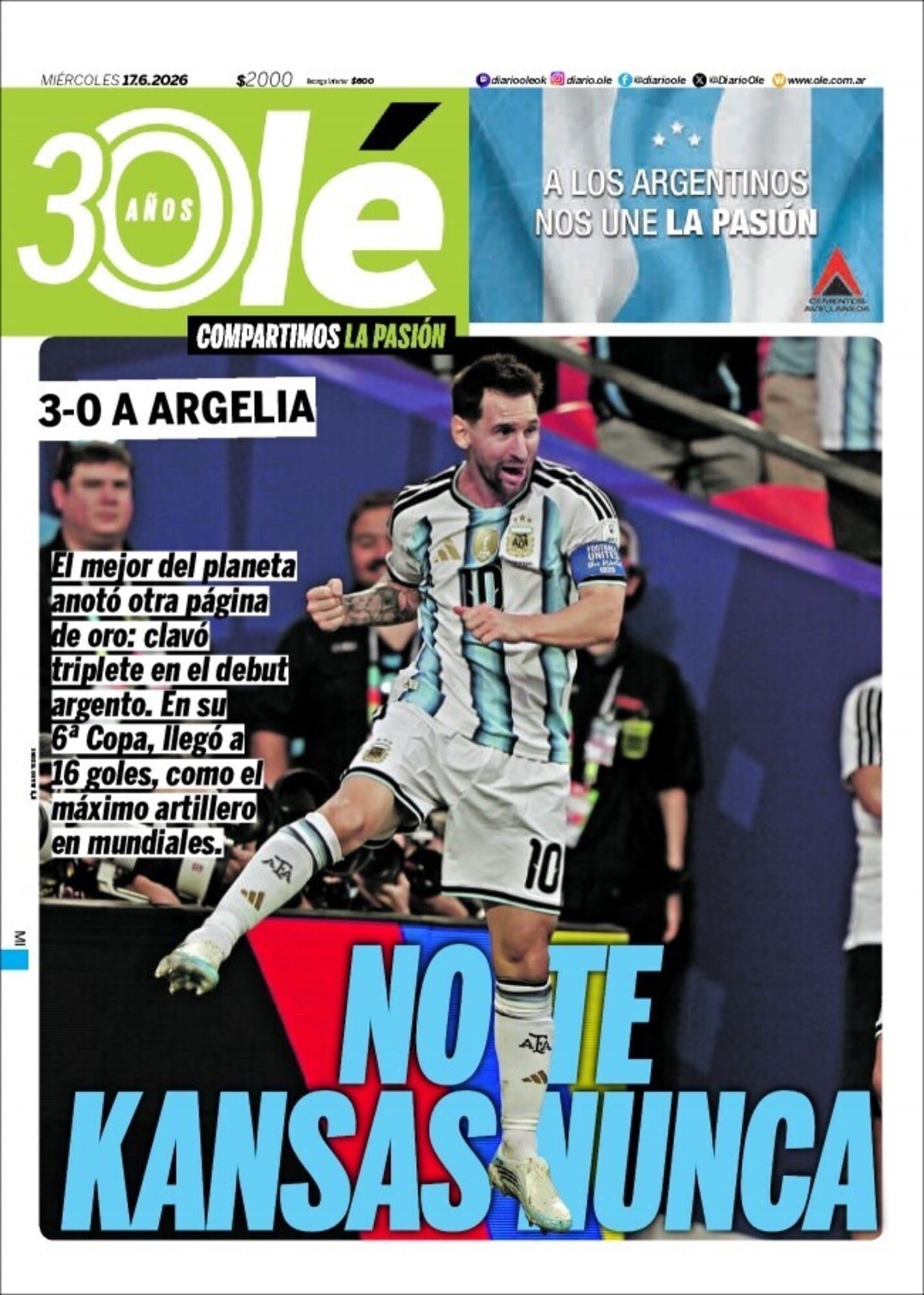 'Não se Kansas': Diário Olé repercute hat-trick histórico de Messi — Foto: Reprodução: Olé
