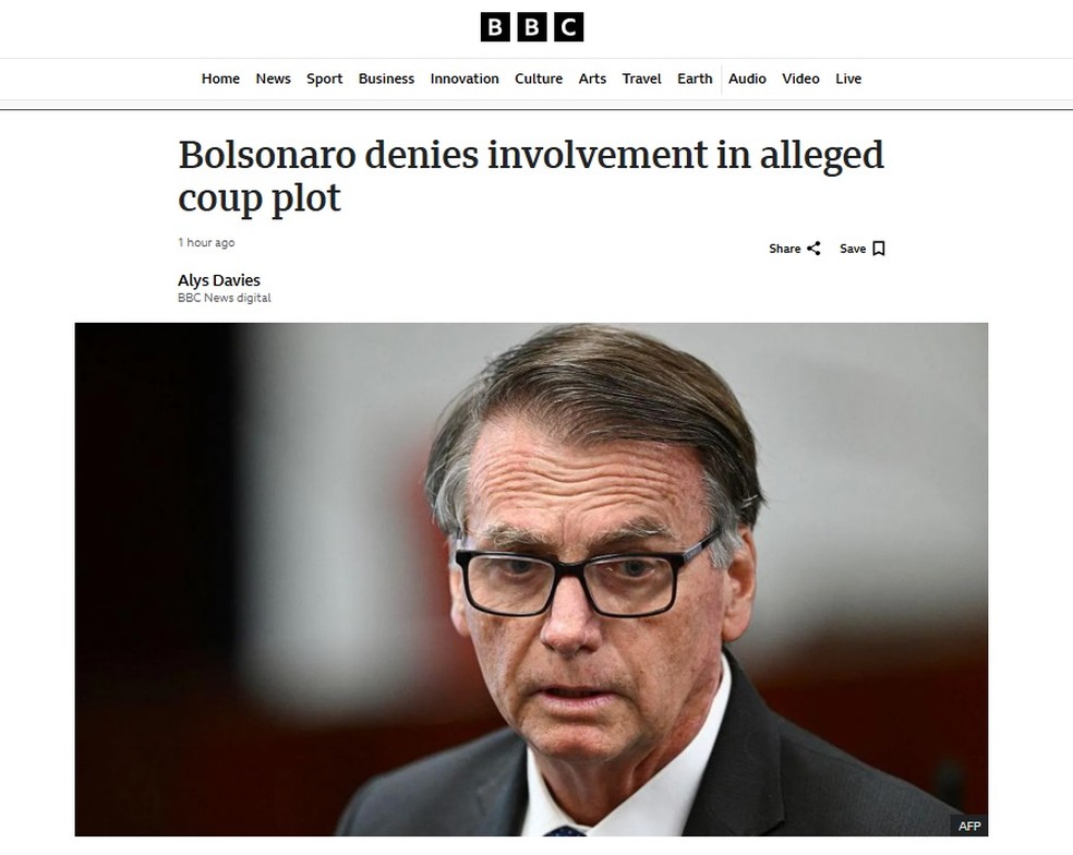 BBC: "Bolsonaro nega envolvimento em suposta conspiração golpista" — Foto: Reprodução