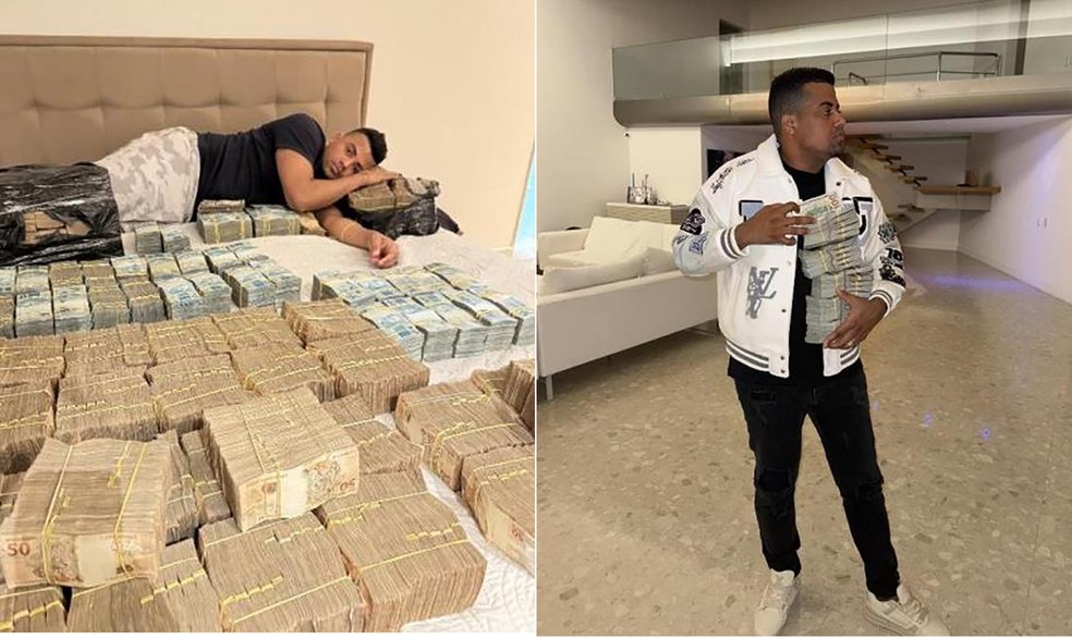 TH Jóias aparece deitado sobre parte dos R$ 5 milhões que teria recebido do Comando Vermelho. Na segunda foto, ele parte dos dólares trocados para o tráfico — Foto: Reprodução / MPF