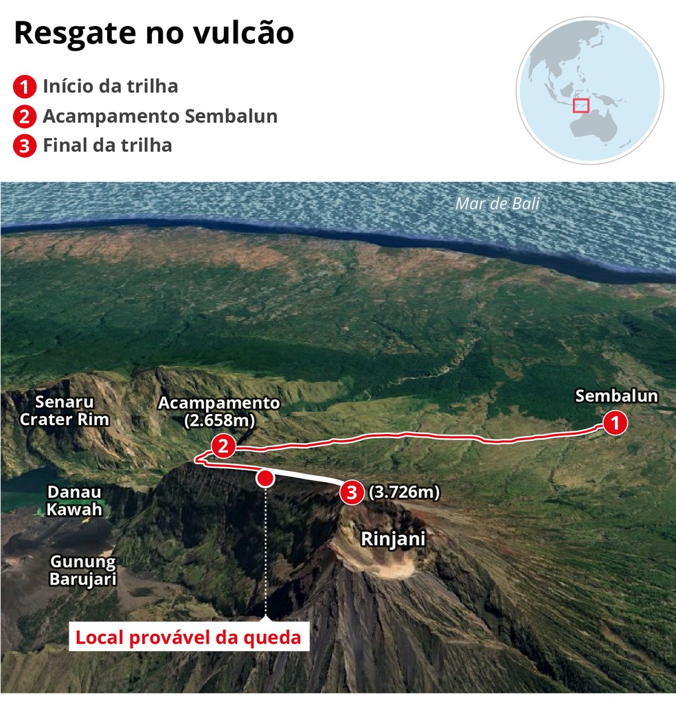 Mapa do Monte Rinjani, na ilha de Lombok, na Indonésia, onde Juliana Marins caiu — Foto: Editoria de Arte
