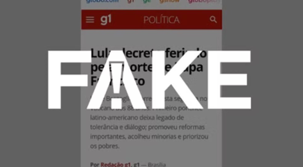 É #FAKE que g1 publicou que Lula decretou feriado pela morte do Papa — Foto: Reprodução