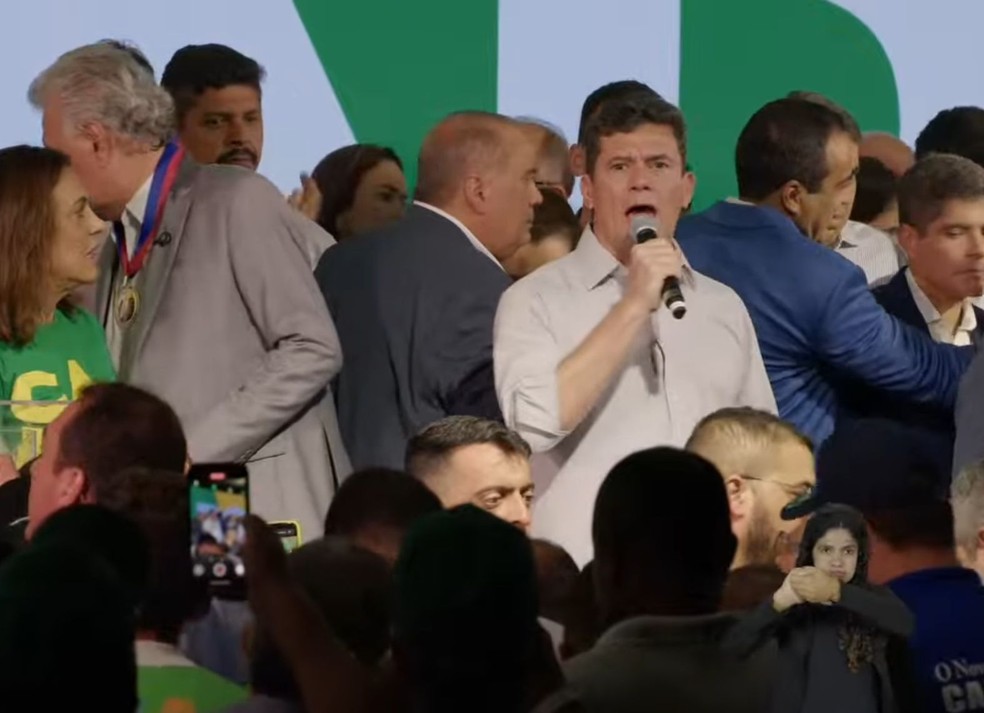 O senador Sergio Moro em evento de Ronaldo Caiado — Foto: Reprodução